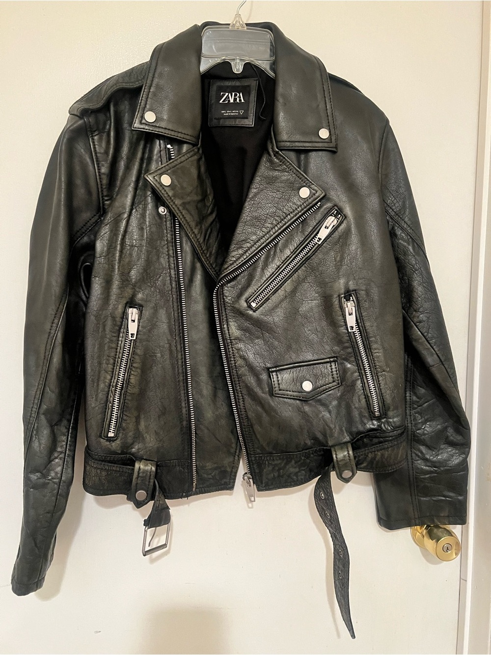 Men Zara Black Leather Biker Jacket with Belt